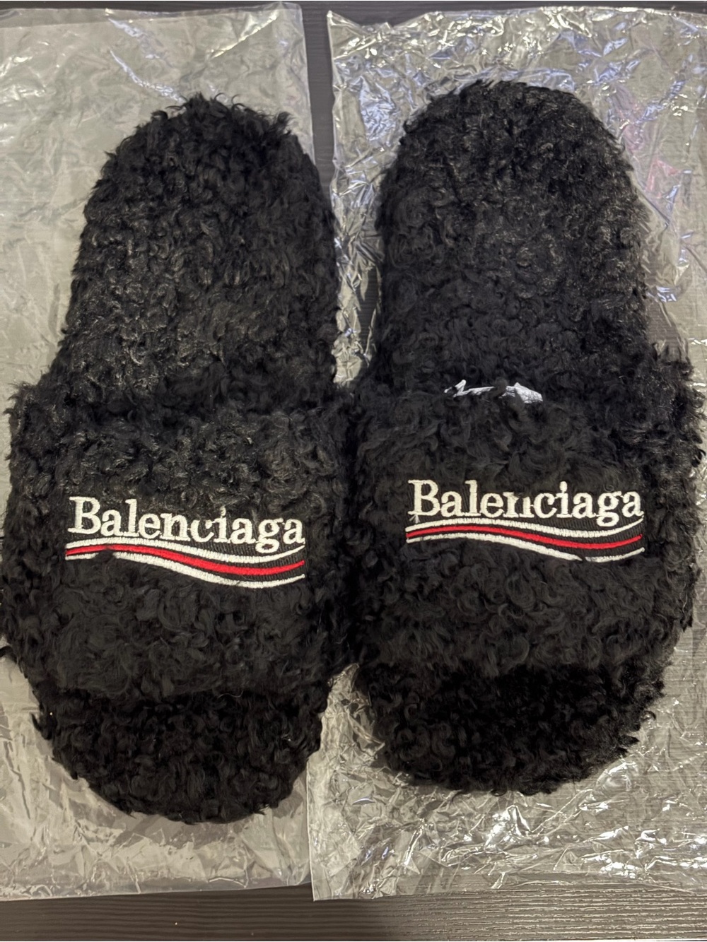 Balenciaga Black Faux Shearling Logo Slide Slippers with Red & White Trim